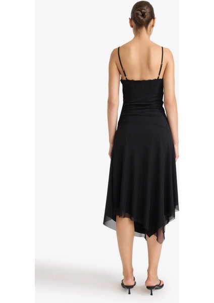 Afra x DeFacto Coool Asimetrik V Yaka Tül Askılı Midi Elbise F9608AX25AU