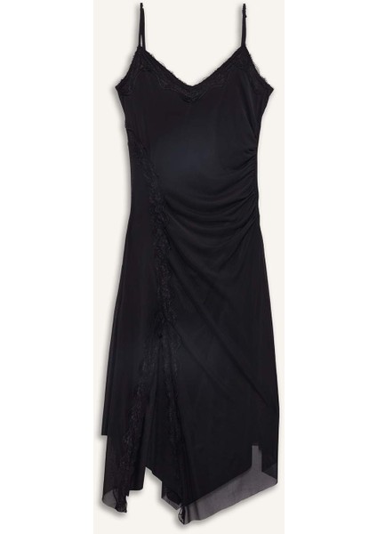 Afra x DeFacto Coool Asimetrik V Yaka Tül Askılı Midi Elbise F9608AX25AU