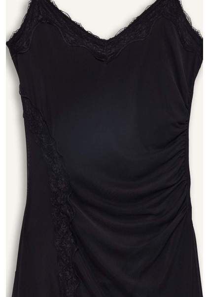 Afra x DeFacto Coool Asimetrik V Yaka Tül Askılı Midi Elbise F9608AX25AU