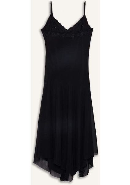 Afra x DeFacto Coool Asimetrik V Yaka Tül Askılı Midi Elbise F9608AX25AU