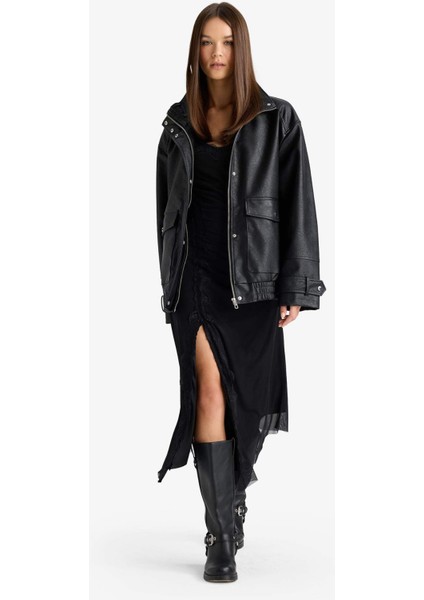 Afra x DeFacto Dad Fit Fermuarlı Suni Deri Mont F5483AX25WN indirimleri