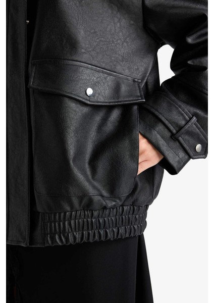 Afra x DeFacto Dad Fit Fermuarlı Suni Deri Mont F5483AX25WN