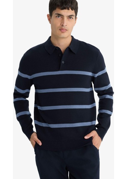 Standart Fit Polo Yaka Çizgili Triko Kazak F2772AX25WN