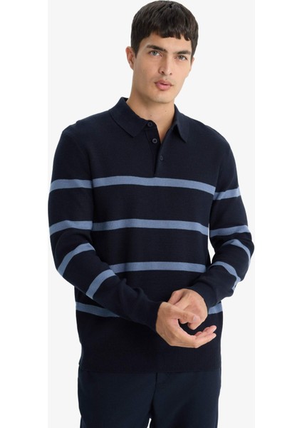 Standart Fit Polo Yaka Çizgili Triko Kazak F2772AX25WN modelleri