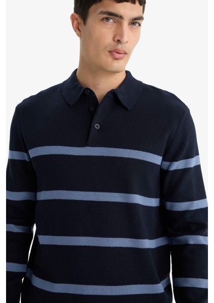 Standart Fit Polo Yaka Çizgili Triko Kazak F2772AX25WN fırsatları