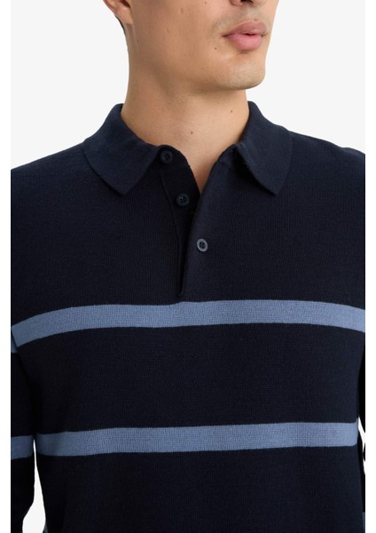 Standart Fit Polo Yaka Çizgili Triko Kazak F2772AX25WN indirimleri