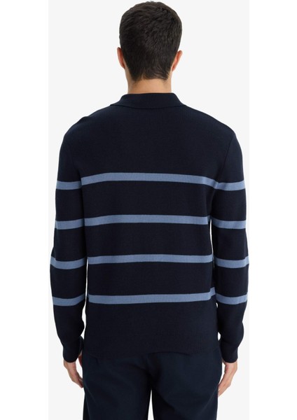 Standart Fit Polo Yaka Çizgili Triko Kazak F2772AX25WN