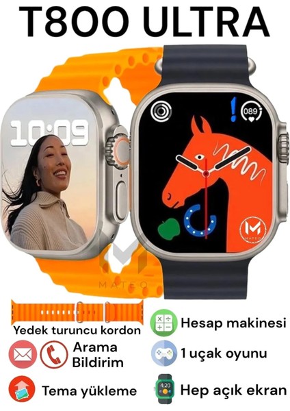 Turuncu Akıllı Saat 8 Ultra T800 49MM Kasa, Çift Kordon, Konuşma Özellikli, Çok Uyumlu