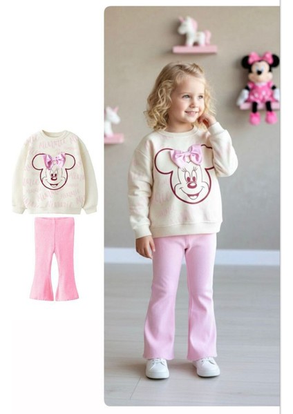 Mnn Fiyonk Detaylı Geniş Paça Taytlı Kız çocuk takım - Açık Pembe