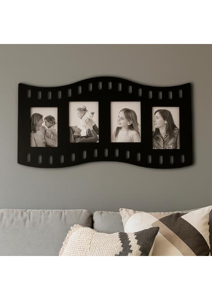 Duvar Fotoğraf Çerçevesi Film Rulo Desenli Fotoğraf Çerçeve Ahşap 4 Fotoğraf Kapasiteli Pano Siyah
