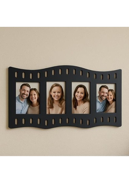 Duvar Fotoğraf Çerçevesi Film Rulo Desenli Fotoğraf Çerçeve Ahşap 4 Fotoğraf Kapasiteli Pano Siyah modelleri