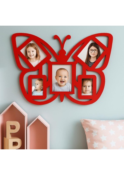 Duvar Fotoğraf Çerçevesi Kelebek Desenli Çocuk Odası Fotoğraf Çerçeve Ahşap 5 Fotoğraf Kapasiteli Pano Kırmızı