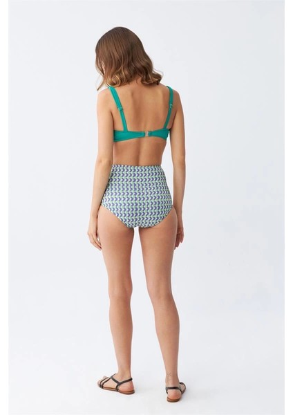 Kadın Yeşil Pedli Geometrik Desenli Yüksek Bel Bikini Takımı