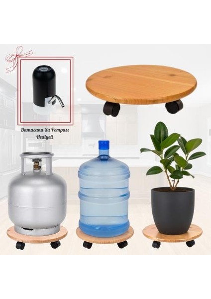 Yuvarlak Ahşap Damacana Saksı Altlığı Tüp Saksı Sehpası Otomatik Damacana Su Pompası Hediyeli