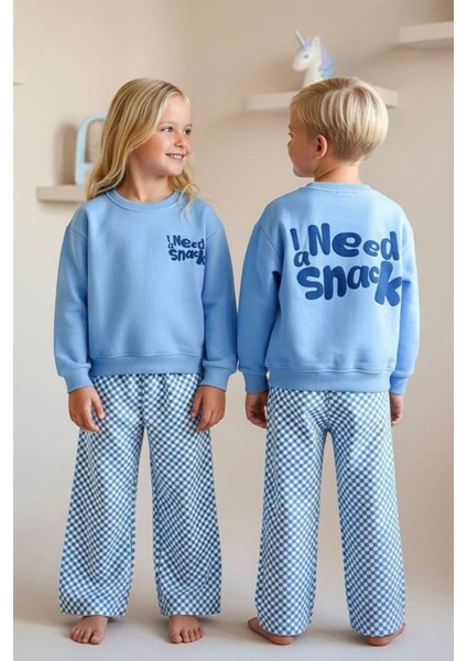 I Need Snaek Detaylı Kareli Unisex çocuk takım - Açık Mavi