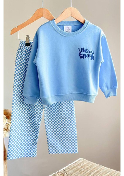 I Need Snaek Detaylı Kareli Unisex çocuk takım - Açık Mavi fiyatları