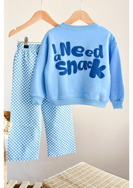 I Need Snaek Detaylı Kareli Unisex çocuk takım - Açık Mavi modelleri