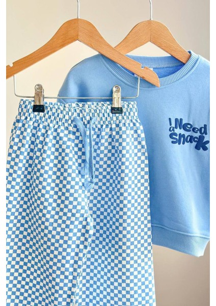 I Need Snaek Detaylı Kareli Unisex çocuk takım - Açık Mavi fırsatları