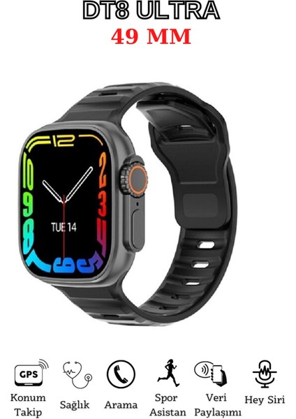 49MM Akıllı Saat, Gps, Nfc, Siri, Uyumlu, Siyah, 2.05 Inç Ekran