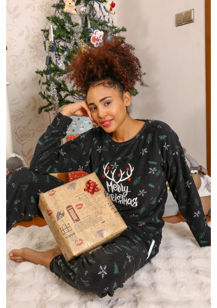 Merry Christmas Polar Kadın Pijama Takımı Siyah