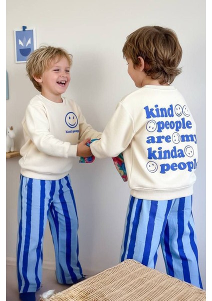 Smile Detaylı Çizgili Unisex Çocuk takım - Mavi
