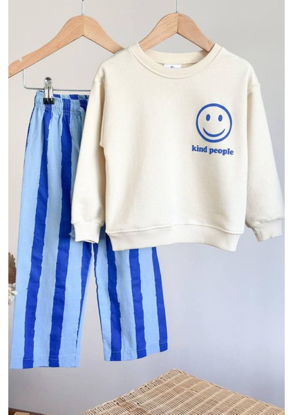 Smile Detaylı Çizgili Unisex Çocuk takım - Mavi modelleri