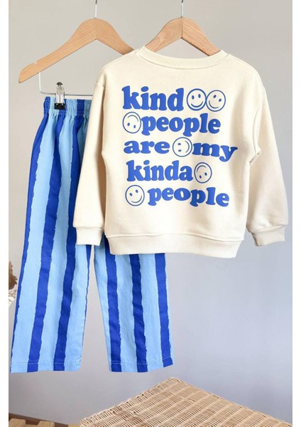 Smile Detaylı Çizgili Unisex Çocuk takım - Mavi fırsatları