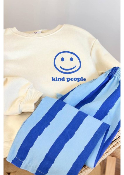 Smile Detaylı Çizgili Unisex Çocuk takım - Mavi indirimleri