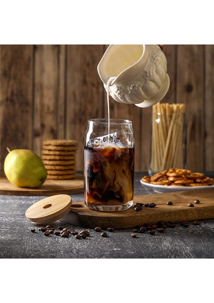 6 Parça Set ] Bambu Kapaklı ve Cam Pipetli Cam Bardaklar - Bira Kutusu Şeklinde Içecek Bardakları, 16 Oz Buzlu Kahve Bardakları (Yurt Dışından) modelleri