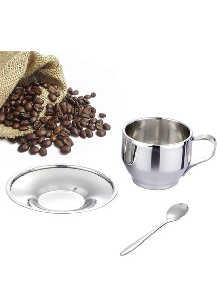 Yalıtımlı Kahve Fincanı Seti - Paslanmaz Çelik Çift Duvarlı Espresso Fincanları Latte Cappuccino Çay Fincanı, Tabak ve Kaşık 125 ml (2'li Set) (Yurt Dışından) fırsatları