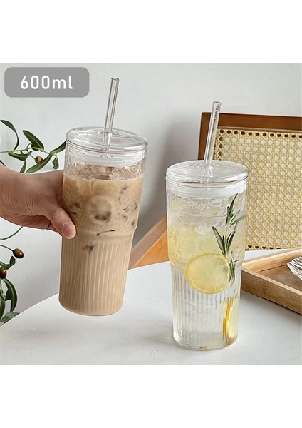600 ml Cam Bardak Sütlü Kahve Kupası Kapaklı ve Pipetli Şeffaf Çizgili Su Kupası Kupa Içme Bardakları Meyve Suyu Çay Kupası (Yurt Dışından) indirimleri