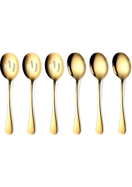 Altın Servis Kaşıkları 6 Parça, Ayna Cilalı Paslanmaz Çelik Servis Gereçleri, 3 Servis Kaşığı ve 3 Delikli Kaşık (Yurt Dışından)