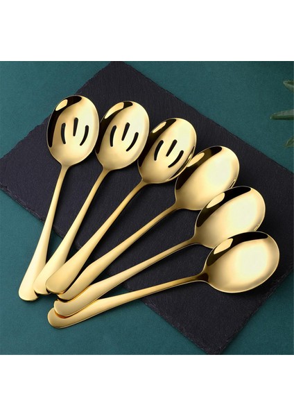 Altın Servis Kaşıkları 6 Parça, Ayna Cilalı Paslanmaz Çelik Servis Gereçleri, 3 Servis Kaşığı ve 3 Delikli Kaşık (Yurt Dışından) fiyatları