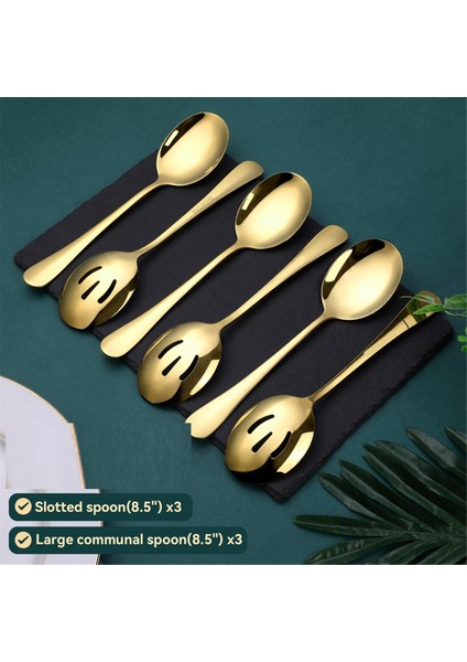 Altın Servis Kaşıkları 6 Parça, Ayna Cilalı Paslanmaz Çelik Servis Gereçleri, 3 Servis Kaşığı ve 3 Delikli Kaşık (Yurt Dışından) modelleri