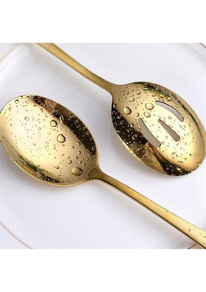 Altın Servis Kaşıkları 6 Parça, Ayna Cilalı Paslanmaz Çelik Servis Gereçleri, 3 Servis Kaşığı ve 3 Delikli Kaşık (Yurt Dışından) fırsatları