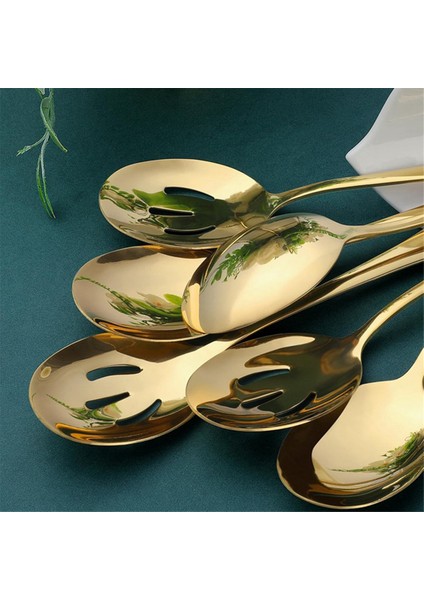 Altın Servis Kaşıkları 6 Parça, Ayna Cilalı Paslanmaz Çelik Servis Gereçleri, 3 Servis Kaşığı ve 3 Delikli Kaşık (Yurt Dışından) indirimleri