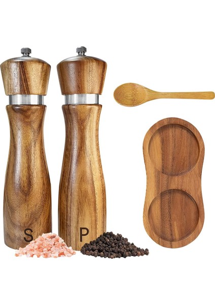 Ahşap Tuz ve Karabiber Öğütücü Seti Karabiber Öğütücü Manuel, Ayarlanabilir Kalınlık, Tuz ve Karabiber Değirmeni Tepsisi ve Kaşık ile (Yurt Dışından) modelleri