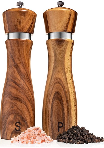 Ahşap Tuz ve Karabiber Öğütücü Seti Karabiber Öğütücü Manuel, Ayarlanabilir Kalınlık, Tuz ve Karabiber Değirmeni Tepsisi ve Kaşık ile (Yurt Dışından) indirimleri