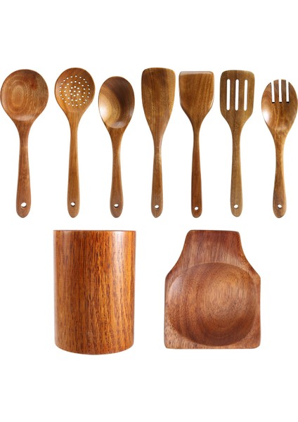Parça Ahşap Yemek Kaşıkları, Yemek Pişirmek Için Ahşap Gereçler ve Gereç Tutucu, Tik Ağacından Mutfak Gereçleri Seti (Yurt Dışından)