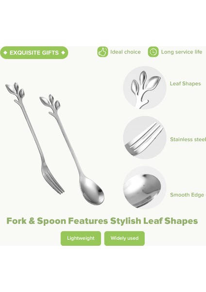 Tatlı Kaşığı Çatal Seti, 20 Parça 4,7 Inç Pasta Çatalı, Kahve Kaşığı, Yaratıcı Gümüş Yaprak Meyve Çatalı, (10 Kaşık + 10 Çatal) (Yurt Dışından) indirimleri