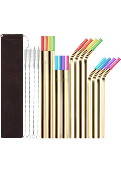 Set - Paslanmaz Çelik Pipet Seti Silikon Ağızlı Taşınabilir Metal Pipet Fırçası, Altın (Yurt Dışından)