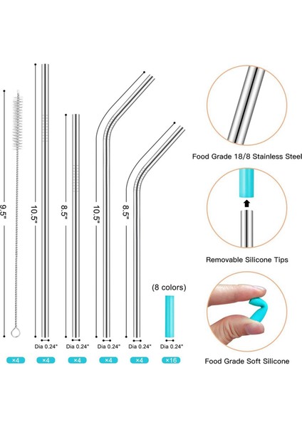 Set - Paslanmaz Çelik Pipet Seti Silikon Ağızlı Taşınabilir Metal Pipet Fırçası, Altın (Yurt Dışından) modelleri