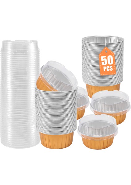 Kapaklı Tatlı Kapları, 50'li Paket Altın Alüminyum Folyo Pişirme Kapları Tutucuları, Cupcake Pişirme Yardımcı Ramekin Şeffaf Puding Kapları (Yurt Dışından) fiyatları