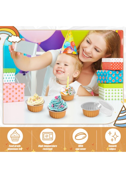 Kapaklı Tatlı Kapları, 50'li Paket Altın Alüminyum Folyo Pişirme Kapları Tutucuları, Cupcake Pişirme Yardımcı Ramekin Şeffaf Puding Kapları (Yurt Dışından) indirimleri