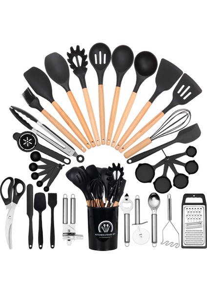 Şef Silikon Mutfak Gereçleri Seti, 34 Parçalı Isıya Dayanıklı Mutfak Aletleri ve Rende Siyah (Yurt Dışından)