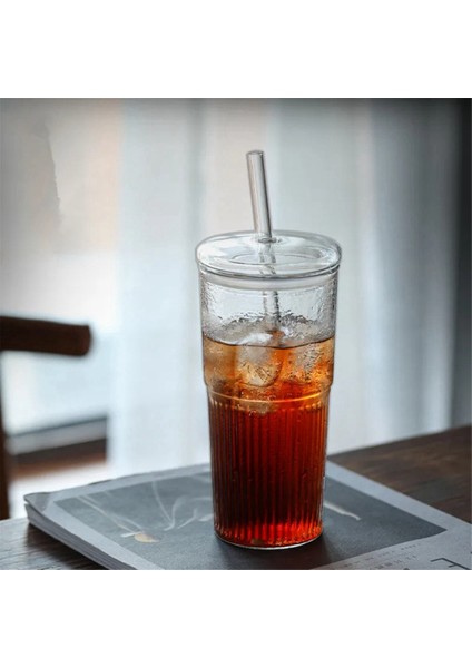 600 ml Cam Bardak Sütlü Kahve Kupası Kapaklı ve Pipetli Şeffaf Çizgili Su Kupası Kupa Içme Bardakları Meyve Suyu Çay Kupası (Yurt Dışından) fiyatları