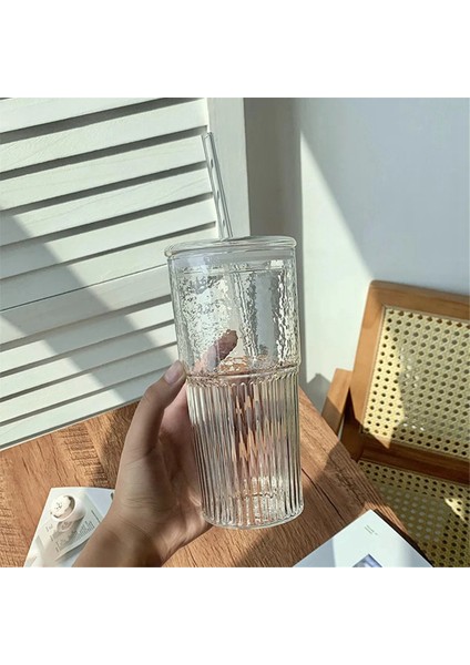 600 ml Cam Bardak Sütlü Kahve Kupası Kapaklı ve Pipetli Şeffaf Çizgili Su Kupası Kupa Içme Bardakları Meyve Suyu Çay Kupası (Yurt Dışından) fırsatları