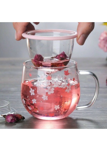 Sakura Kupa Çay Demleme Filtresi ve Kapaklı Cam Kupa Kiraz Çiçekleri Fincan Seti Çiçek Çay Fincanı 300 ml Bardak Içme (Yurt Dışından) fırsatları