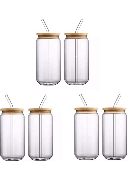 6 Parça Set ] Bambu Kapaklı ve Cam Pipetli Cam Bardaklar - Bira Kutusu Şeklinde Içecek Bardakları, 16 Oz Buzlu Kahve Bardakları (Yurt Dışından)