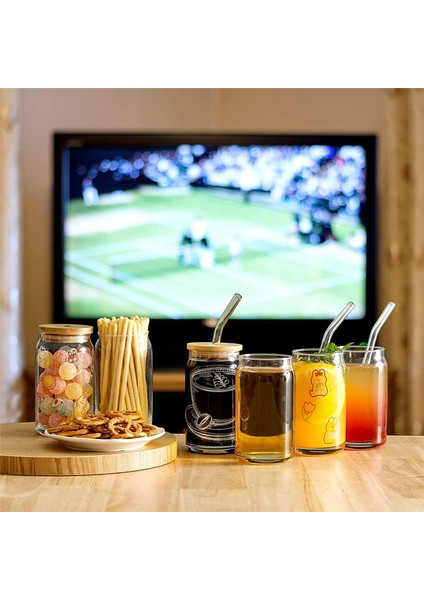 6 Parça Set ] Bambu Kapaklı ve Cam Pipetli Cam Bardaklar - Bira Kutusu Şeklinde Içecek Bardakları, 16 Oz Buzlu Kahve Bardakları (Yurt Dışından) indirimleri